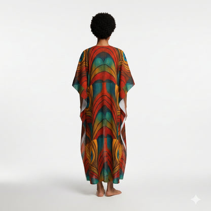 Caftan Yellow Peacock Feather in Lightweight Organic Cotton Voile