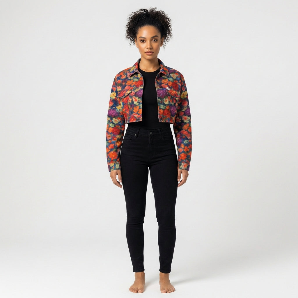 Cropped Jean Cotton Jacket Red Flower Bed