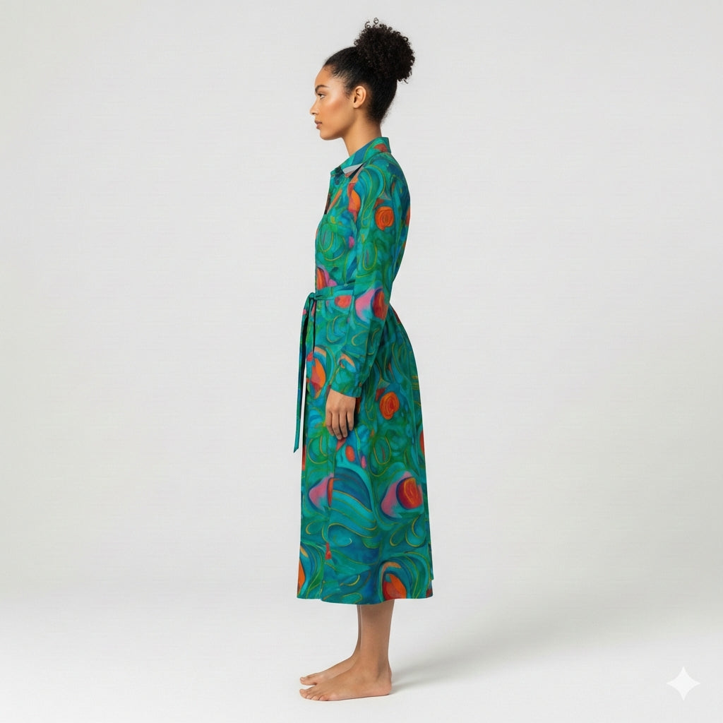 Button Front Shirt Dress Floral Swamp in Lightweight Cotton Poplin