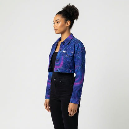 Cropped Jean Cotton Jacket Blue Peacock Feather
