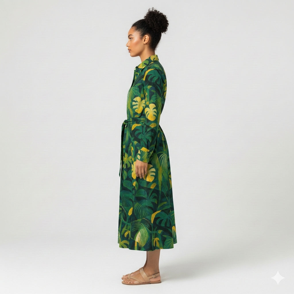 Button Front Shirt Dress Green Leaves