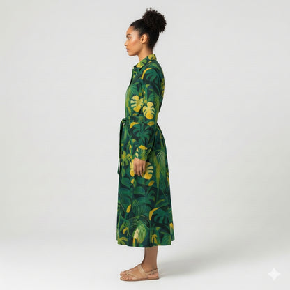 Button Front Shirt Dress Green Leaves