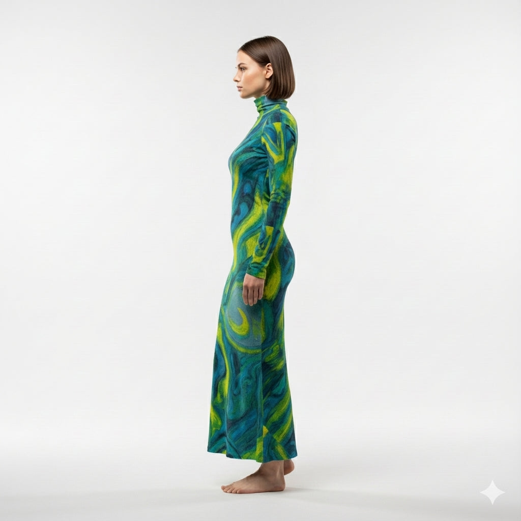 Sarong Maxi Turtleneck Body Con Dress Blue Jungle