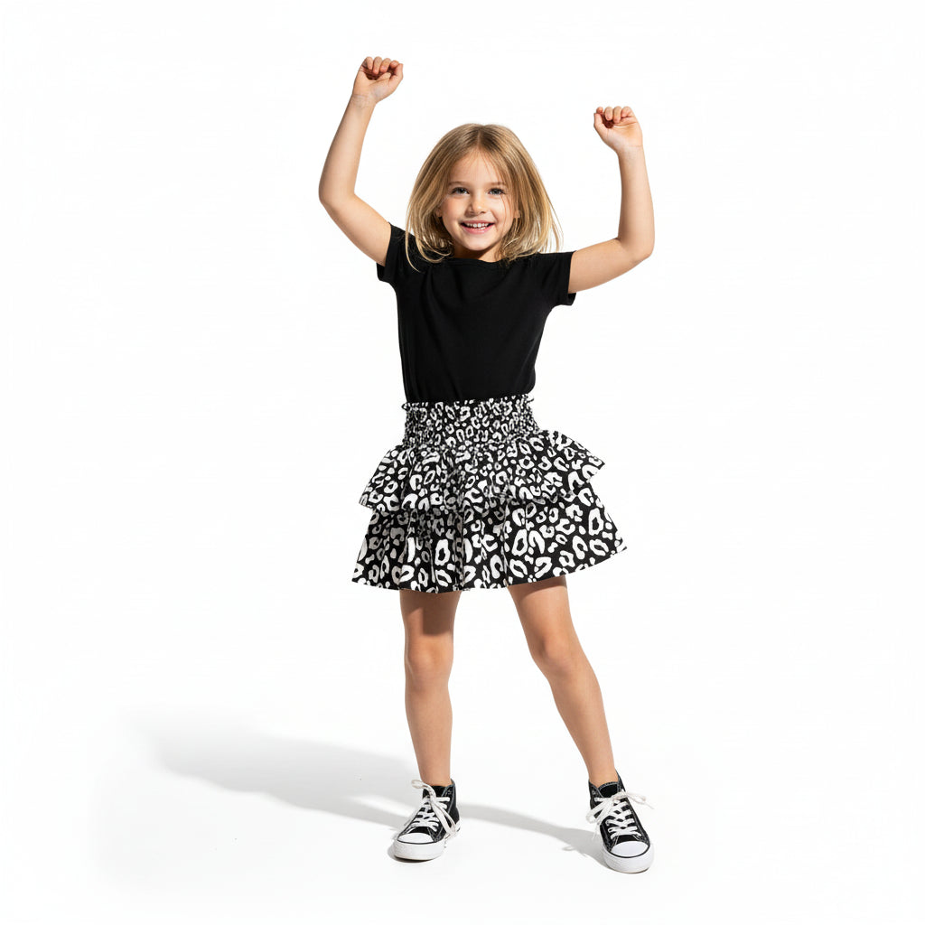 Kid's Smocked Ruffle Skirt in Black Kitty Cat Dreamer