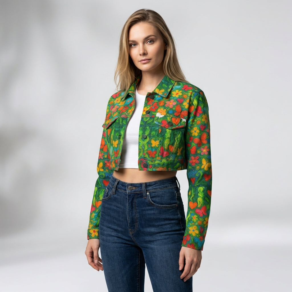Cropped Jean Cotton Jacket Butterfly Flowers