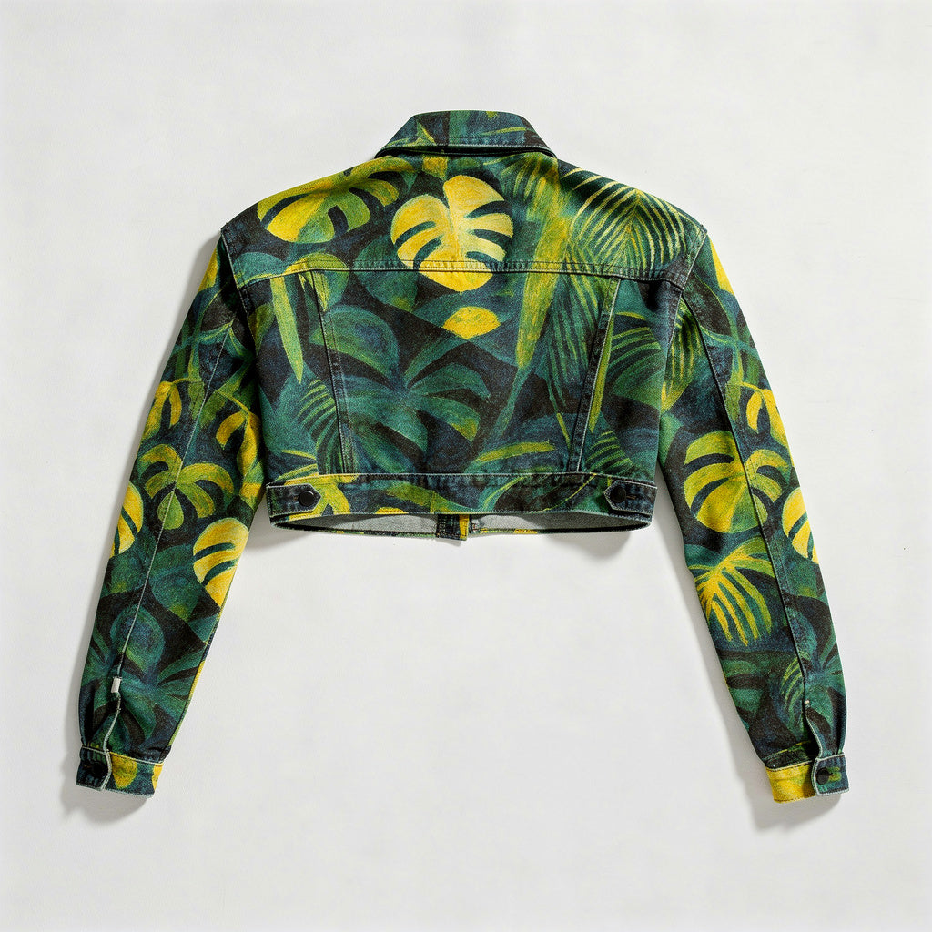 Cropped Jean Cotton Jacket Green Leaves