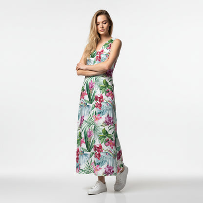V-Neck A-Line Linen Dress – White Tropical Floral