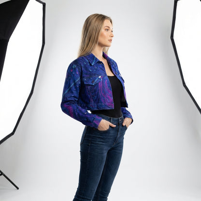 Cropped Jean Cotton Jacket Blue Peacock Feather