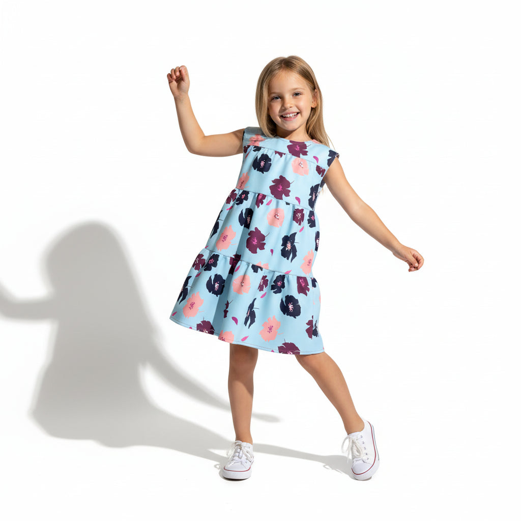 Kid's Ruffle Dress Without Lining in Light Blue Poppies