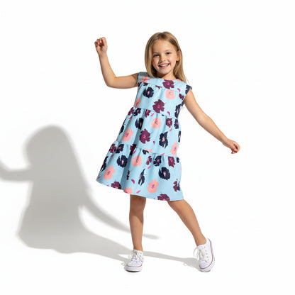 Kid's Ruffle Dress Without Lining in Light Blue Poppies