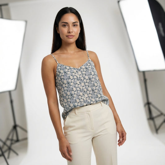 Delicate Cotton Cami with Orchids in Dusty Blue Background