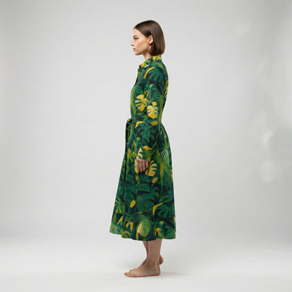 Button Front Shirt Dress Green Leaves