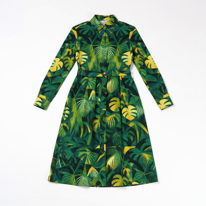 Button Front Shirt Dress Green Leaves