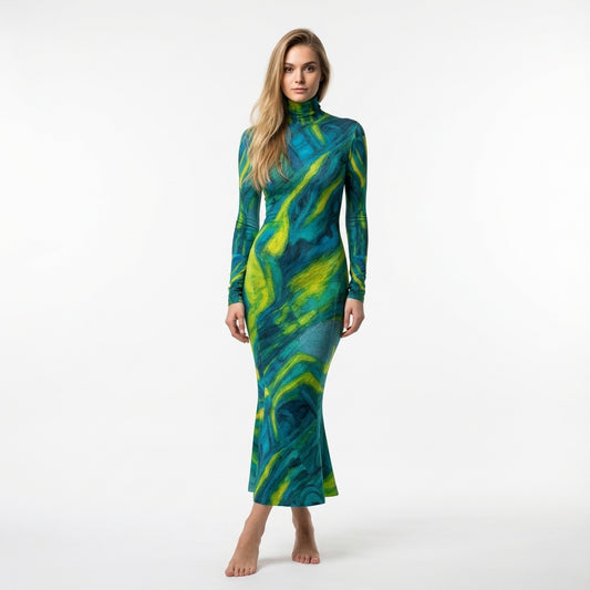 Sarong Maxi Turtleneck Body Con Dress Blue Jungle