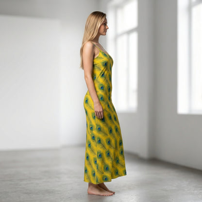 Bias Slip Dress Yellow Peacock Feathers