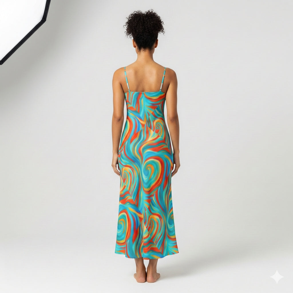 Bias Slip Dress Cyan Swirls