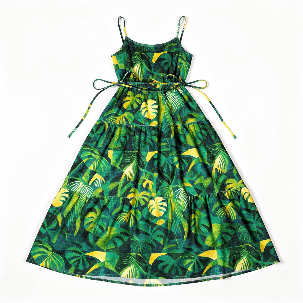 Maxi Dress with Waist Tie Green Leaves