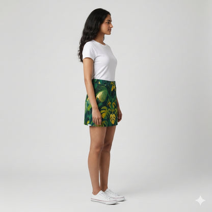 Denim Mini Skirt Green Leaves