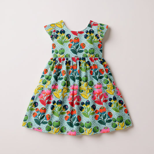 LIttle Lizzie Ruffle Dress - Lined - Dotted Blue