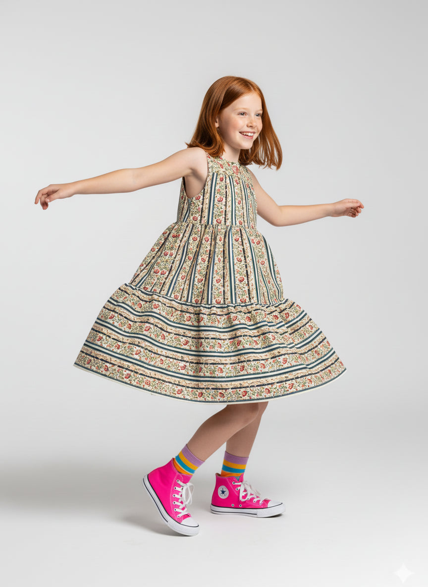 Girl Floral Stripe Corduroy Dress