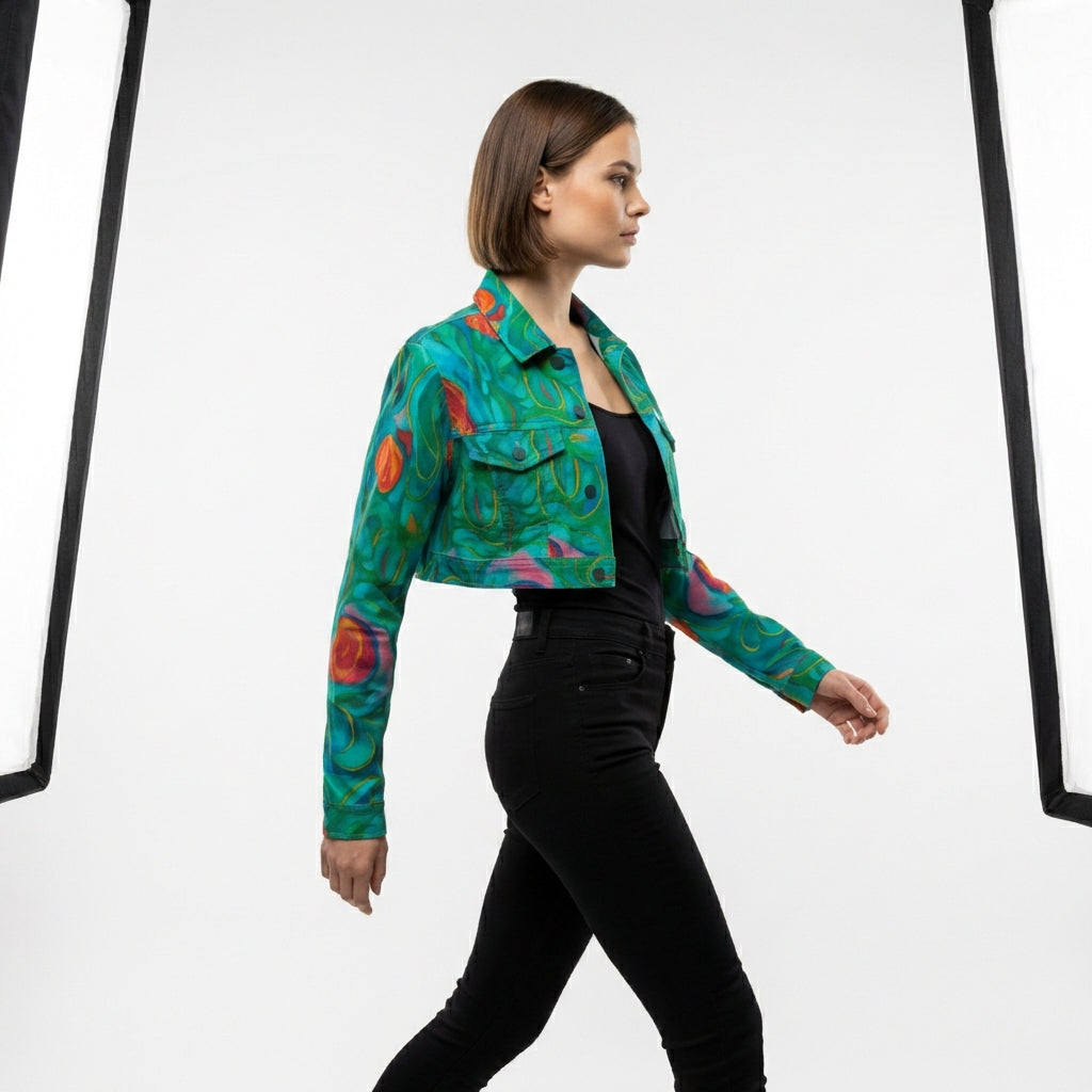 Cropped Jean Cotton Jacket Floral Swamp