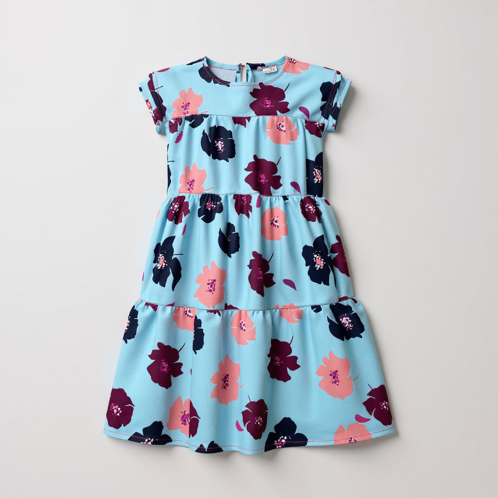 Kid's Ruffle Dress Without Lining in Light Blue Poppies