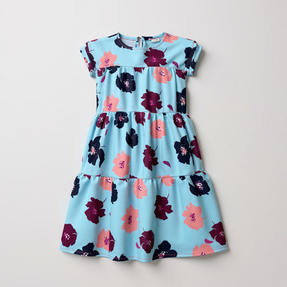 Kid's Ruffle Dress Without Lining in Light Blue Poppies