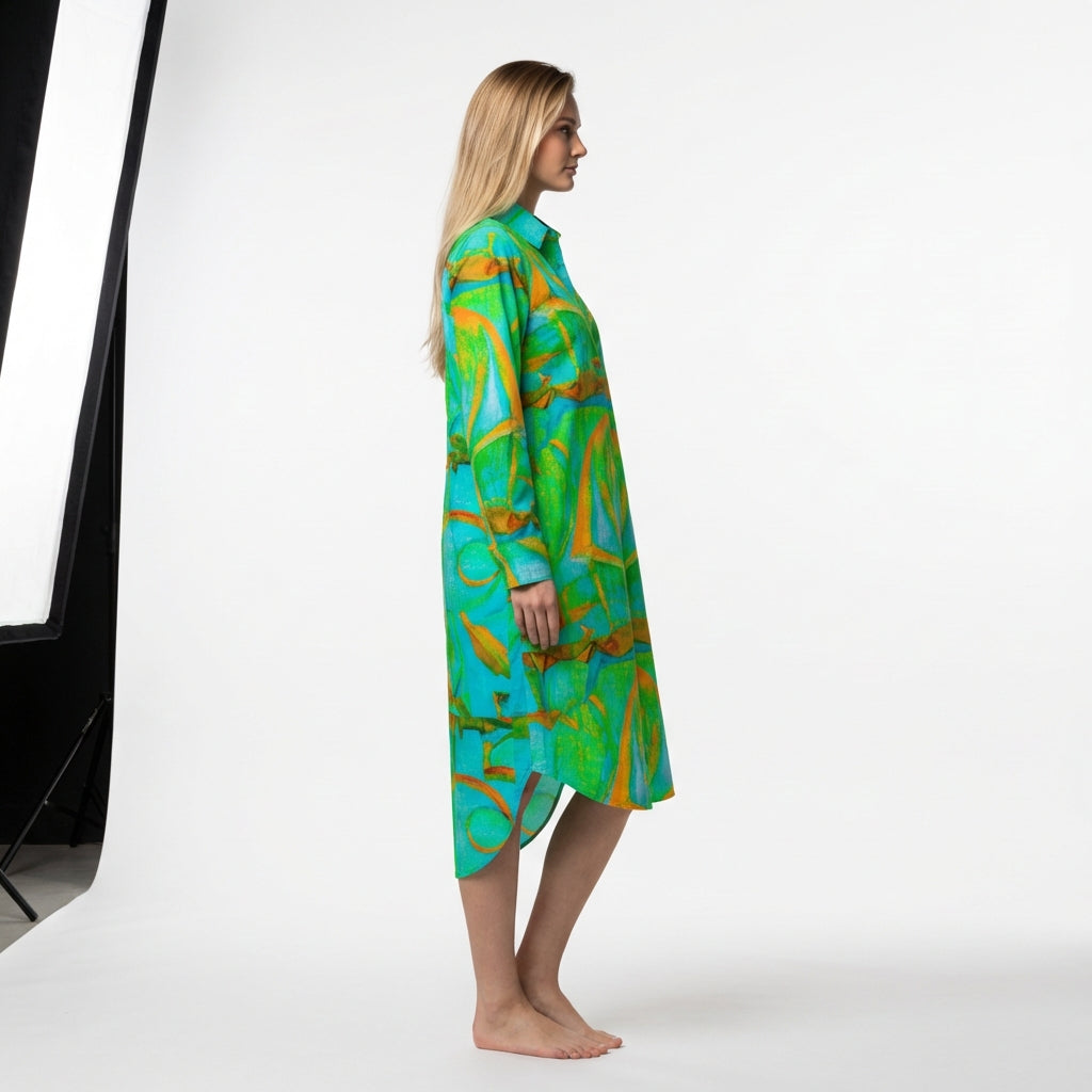 Long Sleeve Shirt Dress Palm Tree Island