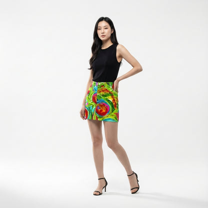 Denim Mini Skirt in Abstract Watercolor Print