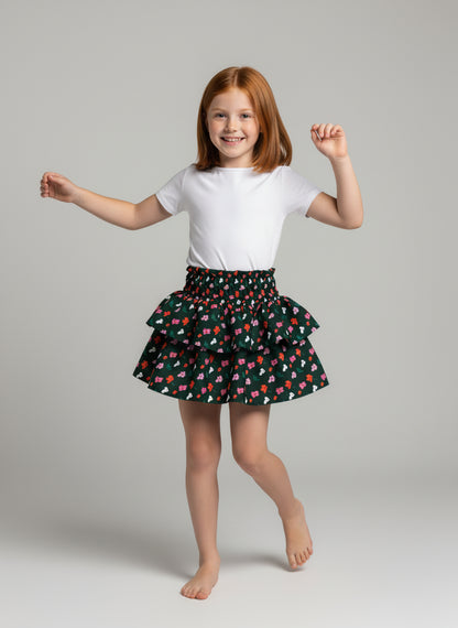 Kid's Smocked Ruffle Skirt in Evergreen Painted Poppies