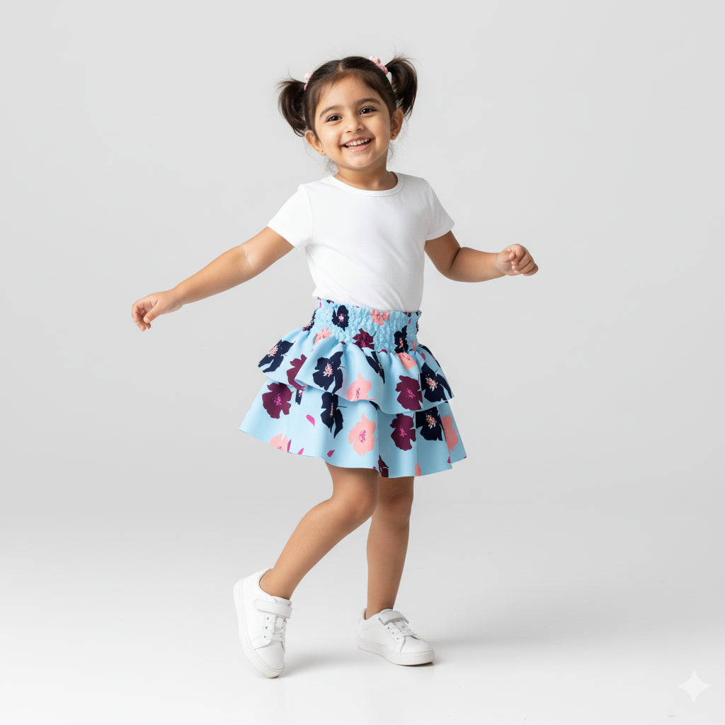 Kid's Smocked Ruffle Skirt in Light Blue Poppies