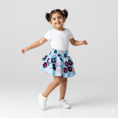 Kid's Smocked Ruffle Skirt in Light Blue Poppies