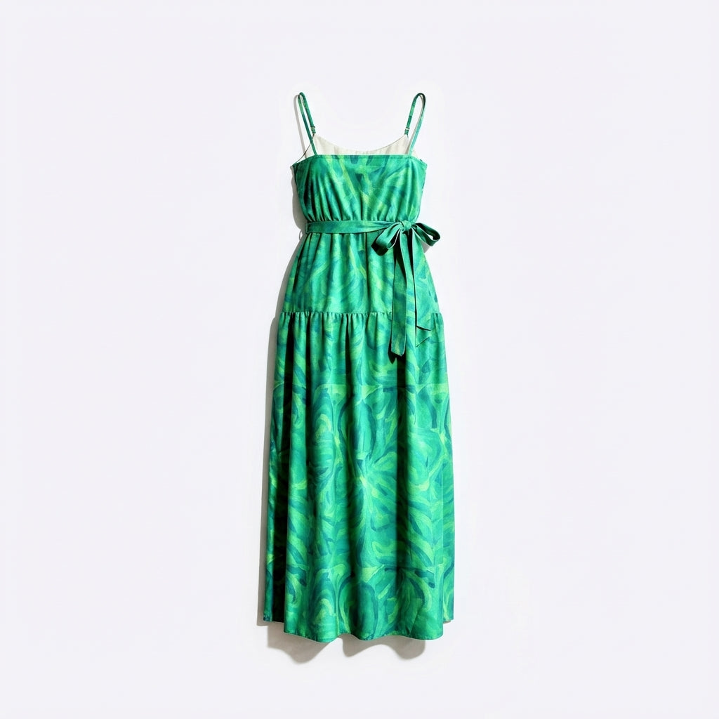 Maxi Dress with Waist Tie in Lightweight Cotton Poplin Teal Noodles