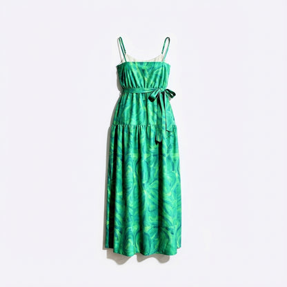 Maxi Dress with Waist Tie in Lightweight Cotton Poplin Teal Noodles