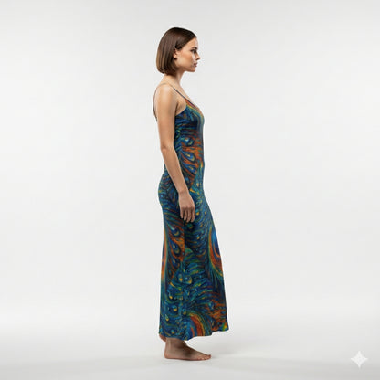 Bias Slip Dress Orange Peacock Feather