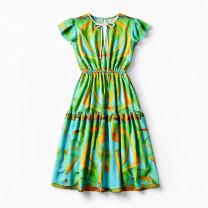 Ruffle Sleeve Dress Palm Tree Island