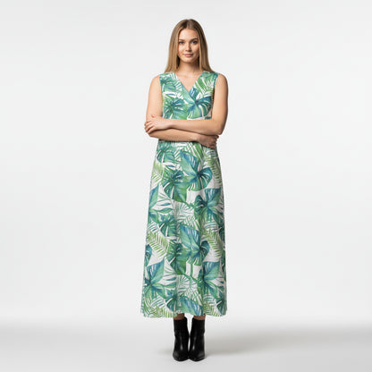 V-Neck A-Line Palm Dress in White Organic Cotton Twill