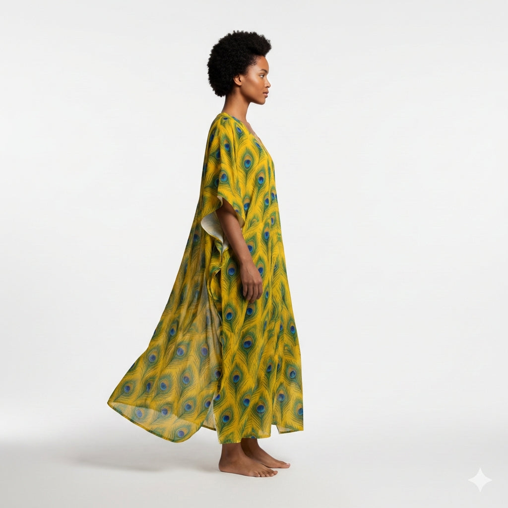 Caftan Yellow Flowers in Organic Cotton Voile