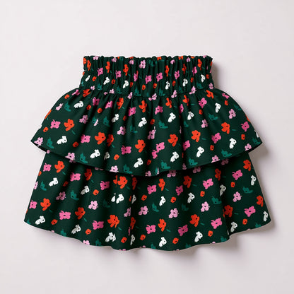 Kid's Smocked Ruffle Skirt in Evergreen Painted Poppies