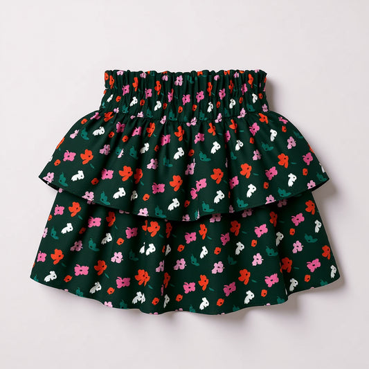Kid's Smocked Ruffle Skirt in Evergreen Painted Poppies