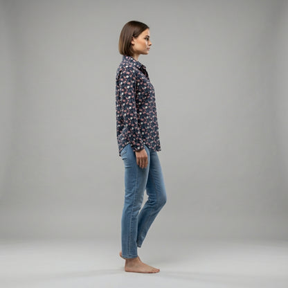 Feminine Floral Button Down Shirt with Handpainted Roses on Navy background