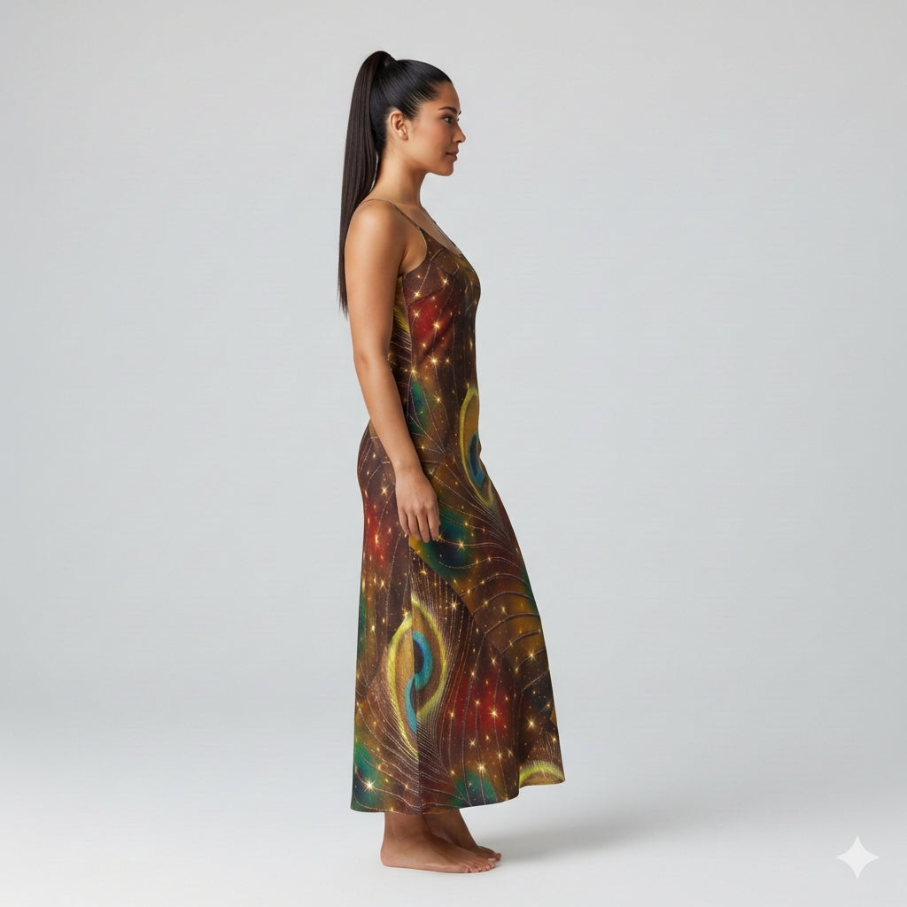 Bias Slip Dress Golden Peacock Feather