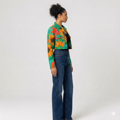 Cropped Jean Cotton Jacket Sunflowers