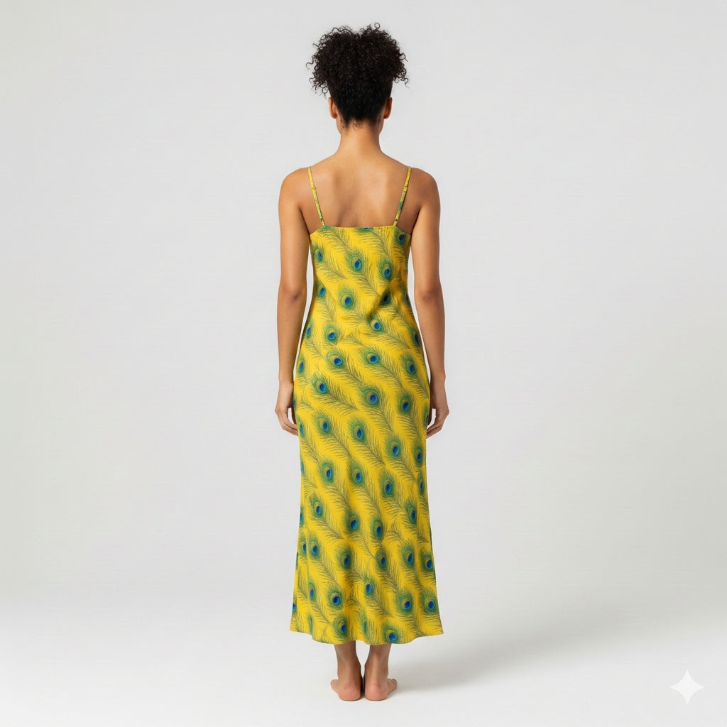 Bias Slip Dress Yellow Peacock Feathers