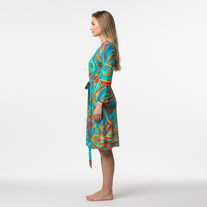 Wrap Dress Cyan Swirls – Traditional Jersey Wrap Dress