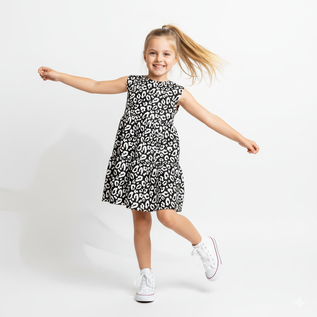 Kid's Ruffle Dress in Black Kitty Cat Dreamer