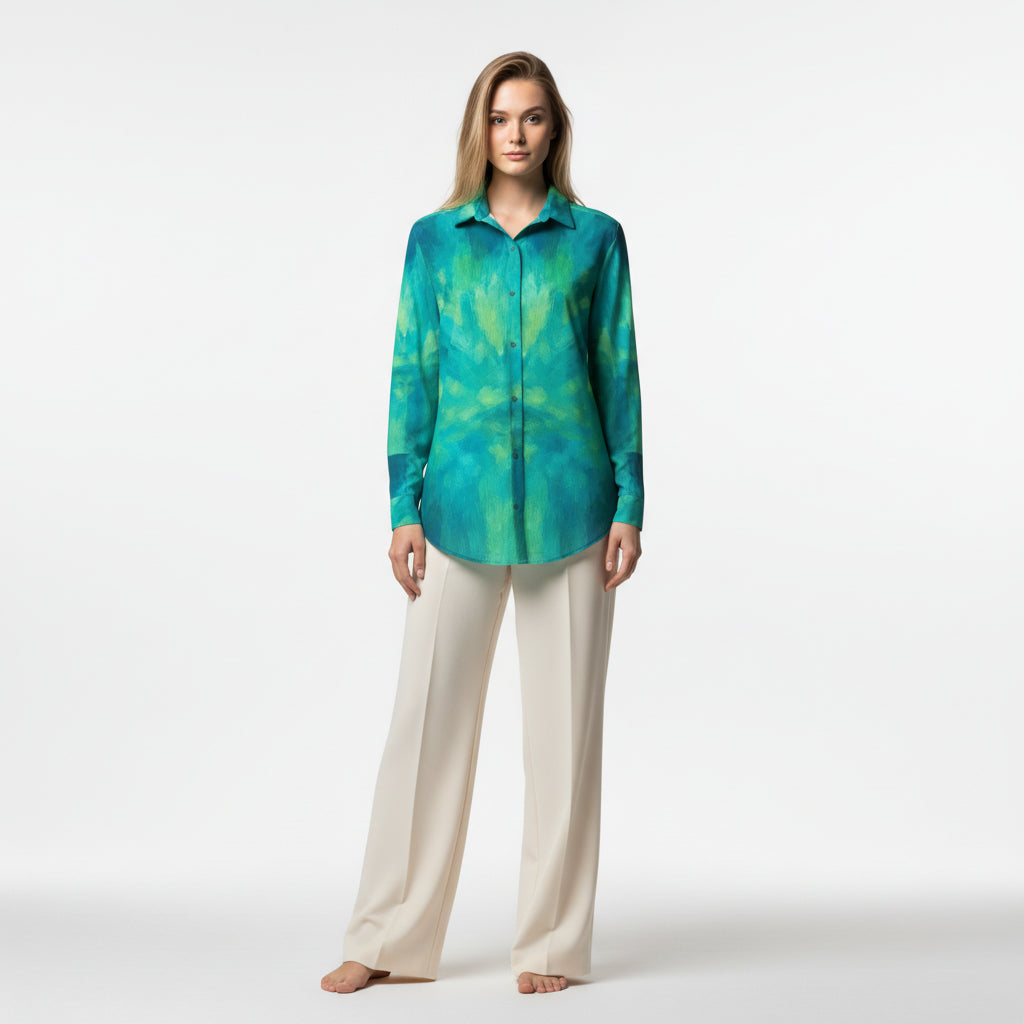 Button Front Shirt Turquoise Watercolors
