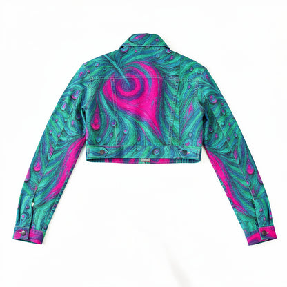 Cropped Jean Cotton Jacket Teal Peacock Feather