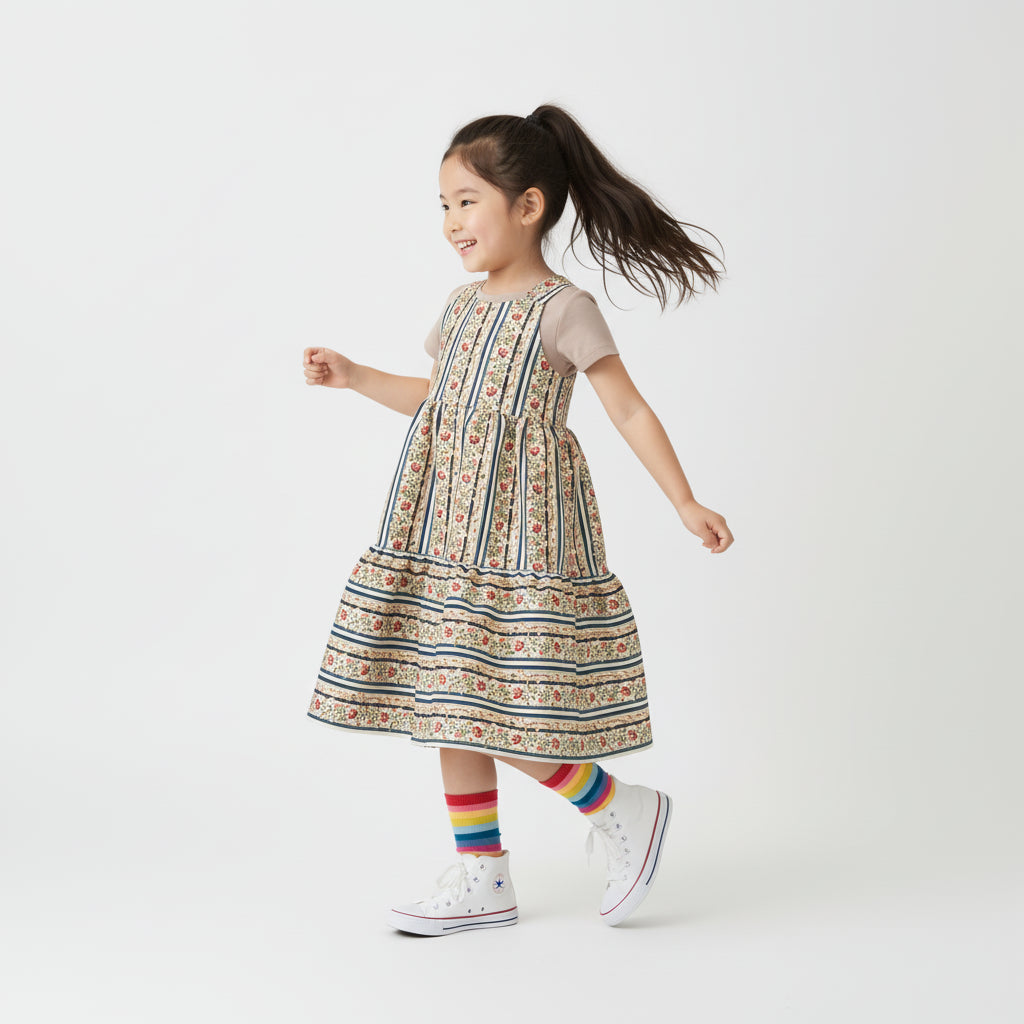 Girl Floral Stripe Corduroy Dress