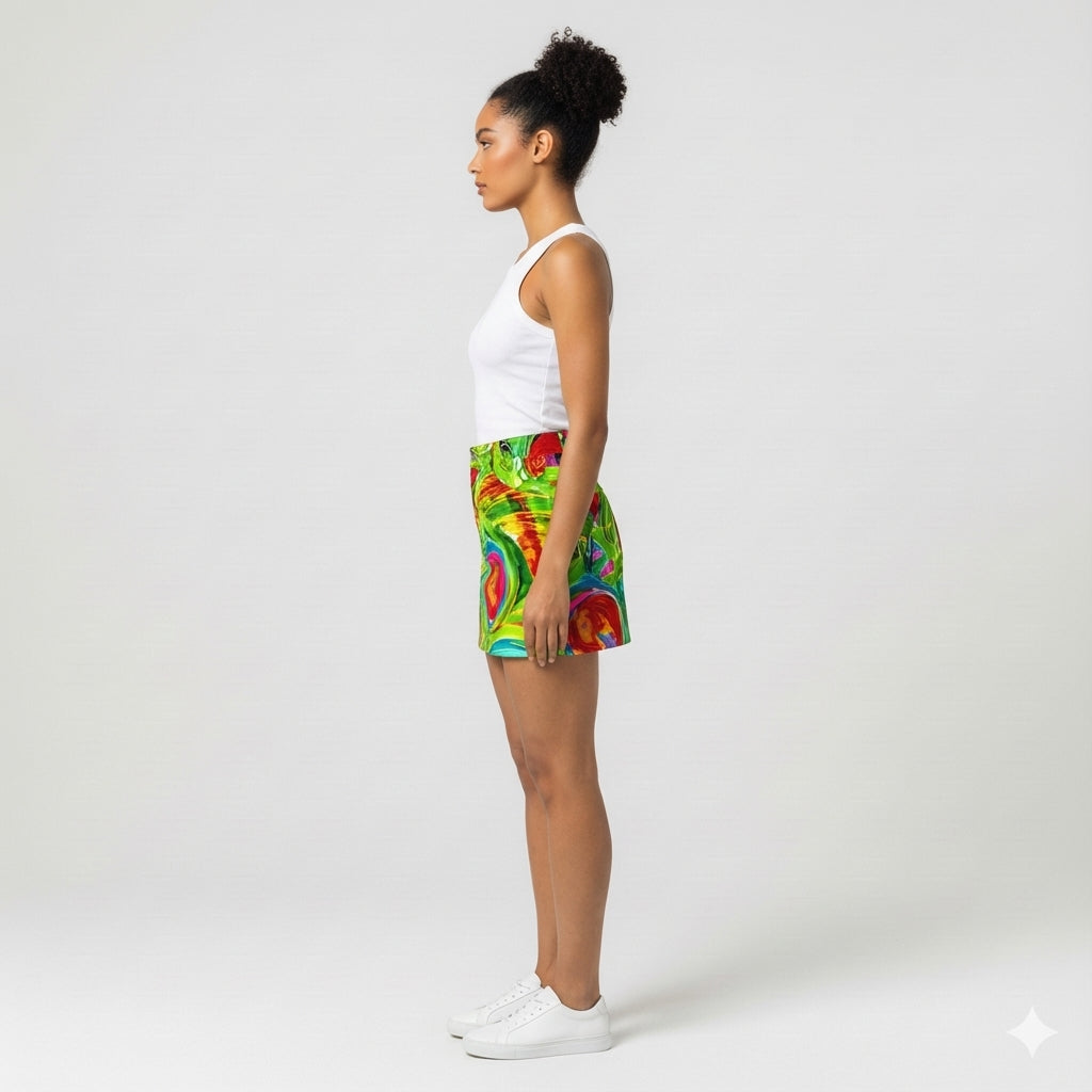 Denim Mini Skirt in Abstract Watercolor Print
